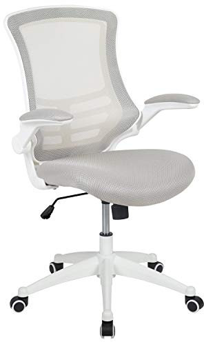 Flash Furniture Drehstuhl, mittelhoch, ergonomisch, Mesh mit weißem Gestell und klappbaren Armlehnen, Schaumstoff, Metall, Kunststoff, Holzwerkstoff, hellgraues Mesh/weißes Gestell, 1 Stück
