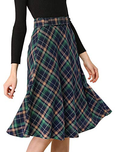 Allegra K Damen Tartan Plaid Rock Vintage Hohe Taille Gürtel A-Linie Midi Röcke, blau / grün, 38