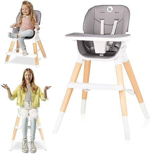 LIONELO Mona 4in1 Kinderhochstuhl, hochstuhl, hoher, verstellbarer Stuhl, abnehmbares Tablett, rutschfest, 6 bis 36 Monate, Sicherheitsgurte, Belastbarkeit bis 15 kg / 25 kg / 75 kg (Grau)