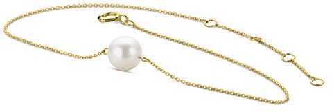 OROVI Schmuck Damen Armband Gelbgold mit weiße runde Süßwasserperle 7.5 mm Armkette aus 14 Karat (585) Gold, Länge Einstellbar 17.5-21.5cm