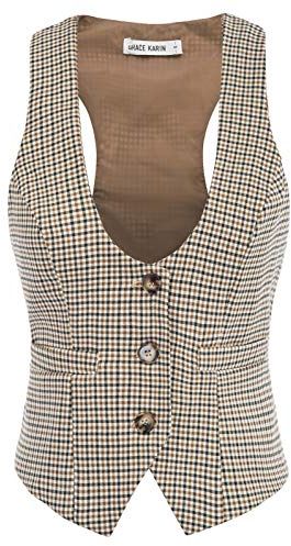 GRACE KARIN Vest Top for Women Brown Lightweight Knit Dressy Suit Vest for Work Casual(M, Brown Plaid)