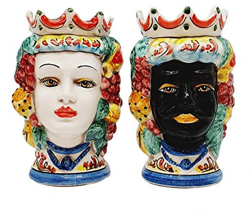sicilia bedda - Coppia Teste di Moro Siciliane con Saraceno in Ceramica di Caltagirone - Interamente realizzate a Mano - Altezza 13 Centimetri - Elegante Complemento d'Arredo