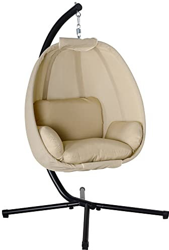Outsunny Fauteuil œuf Suspendu balancelle Pliante avec Coussin et Support Usage intérieur extérieur métal Tissu textilène dim. 125L x 95l x 170H cm Kaki