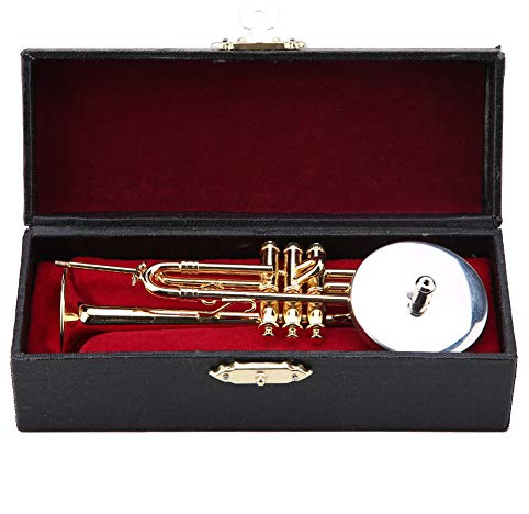 Zerodis Miniatur-Trompetenmodell, Trompetennachbildung, Mini-Kunststoff-Musikinstrument mit Ständer, Vergoldetes Instrumentenmodell, Musikalische Ornamente