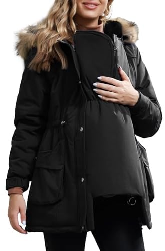 Maacie Maternity Winter Coat 3 in 1 Fleece Lined Outerwear Black M