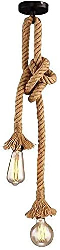 Mengjay E27 Lampes Suspendues Vintage Lustres Corde De Chanvre Suspendu Plafonnier Suspension Rétro Industriel Lustre Pays éclairage Style Pour Restaurant Bar Café Sans Ampoule (2 Douille,50+50cm)