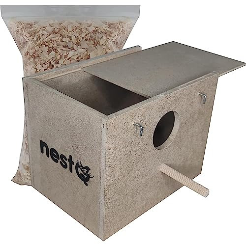 nestQ Nest für Wellensittiche mit Spänen für das Bett, Zuchthaus aus Holz für Vögel, mit Haken für Vogelkäfige, 19 cm x 15 cm x 13,5 cm