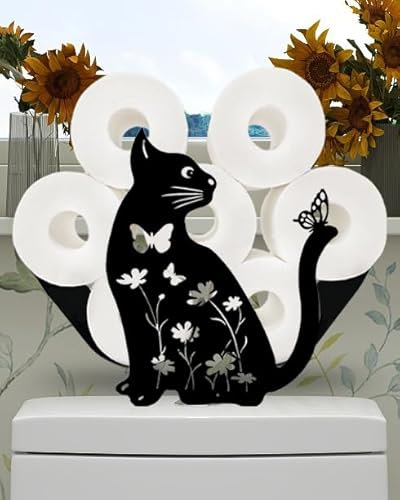 Gojoquanzhou Modern Metal Toilet Paper Holder, 8 Rolls Storage, Free Standing Cat Butterfly Design, Durable Black Finish, For Bathrooms Kitchen, Rust-Free, Humidity Resistant, 90-day Warranty