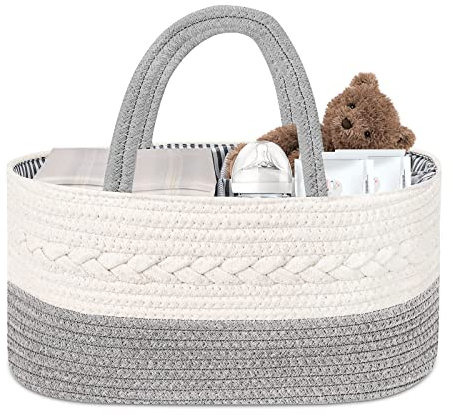 Moseem Nappy Caddy Organiser, Diaper Caddy Baby Essentials for Newborn,Multifunctional Nappy Caddy Organiser Portable Nursery Storage Basket with Changeable Compartments,Cotton Woven Rope