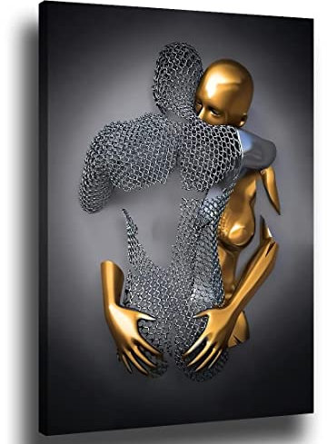 chongjian Liebe Herz 3D Grau Leinwand Wandkunst Moderne Gemälde 3d Abstrakt Umarmung Wanddekoration Schwarz und Weiß Metallfigur Skulptur Effekt Bild Wohnzimmer Dekoration (Mit Rahmen-B, 16x24in)