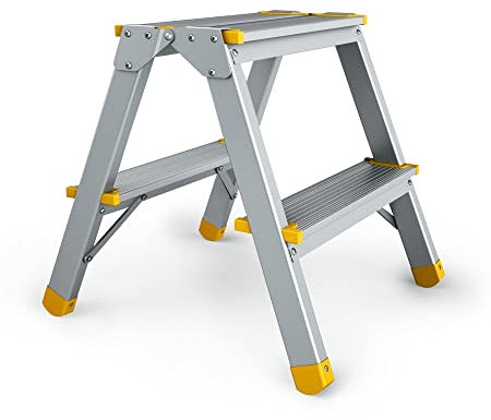 PROREGAL Metal Double Giraffe Doppelseitige-Aluminium-Stufenstehleiter | 2 Stufen | HxB 41x40cm | 150kg Tragkraft | Leiter, Teleskopleiter, Trittleiter, Bockleiter, Sprossen-Doppelleiter