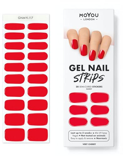 MOYOU LONDON Halbgehärtete UV Gel Strips - 20 Stück - Gel-Nagelfolien UV Härtend für Maniküre in Salonqualität - Very Cherry
