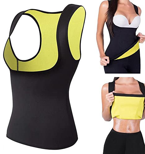HUKITECH Maglia da fitness in neoprene, da donna, taglia L, traspirante, modellante, sport, tessuto neotex, nero / giallo, L
