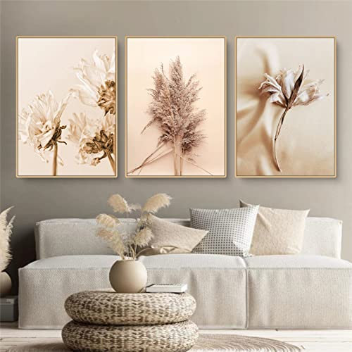 Martin Kench 3er Poster Set Wohnzimmer, Boho Pampasgras Bilder Deko, Moderne Beige Pampas Wandbilder, Stilvolle Wanddeko - ohne Bilderrahmen (A,21x30cm)