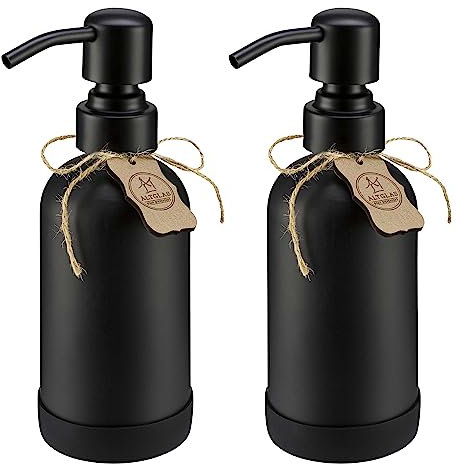 ALTGLAS Seifenspender Set 'Sarajevo' aus Schwarzer Glas Flasche mit Edelstahl Pumpkopf und Silikon Untersetzer (2 Stück a 250 ml)