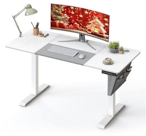 SONGMICS Höhenverstellbarer Schreibtisch elektrisch, 140 x 60 cm, stufenlos verstellbar, Memory-Funktion mit 4 Höhen, wolkenweiß-Taubengrau LSD016W02