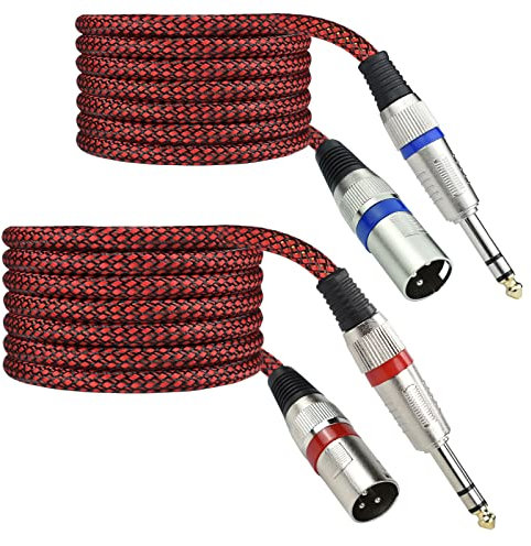 Mugteeve XLR Male to 1/4 TRS Cable Balanced - 35FT Quarter Inch Stereo to XLR Microphone Cord Adapter, Nylon Braided, OFC Shielded, Red Color, for Mixer, Monitor Speaker, Audio Interface, 2Pack