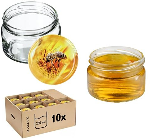 KADAX 10 tarros de 250 ml, tarros de mermelada con tapa Twist-Off fi82, vasos de postre, herméticos y aptos para lavavajillas, vidrio de pared gruesa, selección de tapones de rosca (abeja)