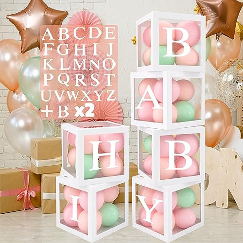 QIFU Babyparty Deko Box, 6 Stück 25cm Transparent Baby Shower Boxen mit 54 Buchstaben für Babyparty Deko Junge oder Mädchen, Geburtstag, DIY Namen, Baby Shower Deko, Gender Reveal Party