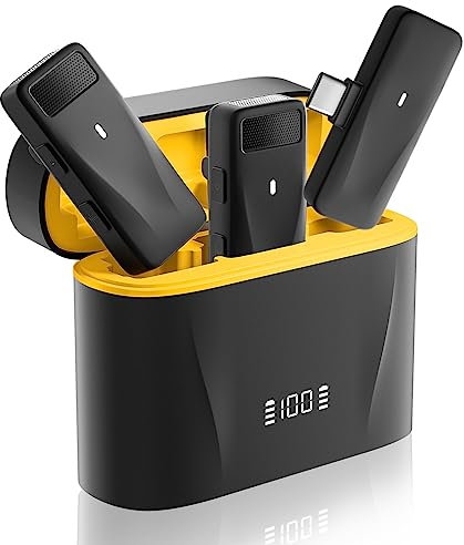 PILSAMAS Mini micrófono inalámbrico de solapa para Android, iPhone 15 Pro Max – 2 unidades, batería de 32 horas, cancelación de ruido, micrófono USB C, micrófono de iPhone con clip para grabación de