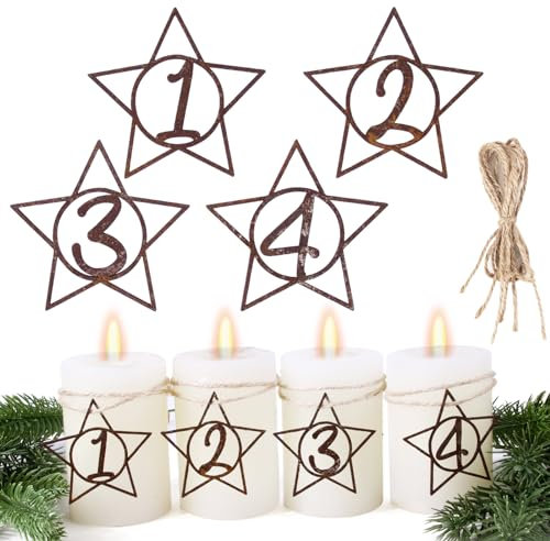 BOFUNX 4er Set Rost Stern Adventszahlen Adventskranz Zahlen 1-4 Adventszahlen Kerzen Kerzenhalter Advent Metall Kerzenanhänger Deko für Advent Weihnachten Kerzen Deko