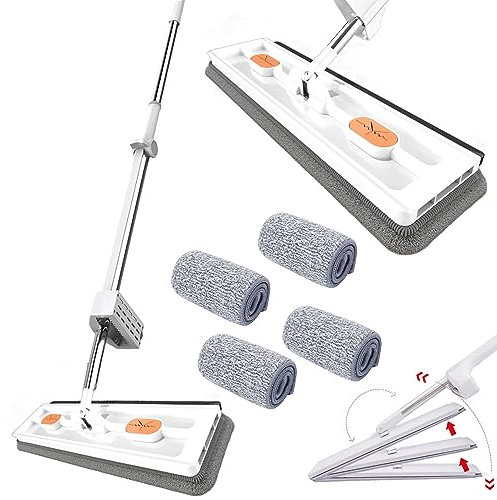 Roseionly Trapeador Plano Grande, Trapeador de Microfibra, Trapeador para Limpieza de Paredes con Mango Largo de Acero Inoxidable, con 4 Almohadillas de Microfibra Reutilizables (White)