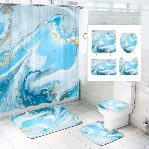 SMchwbc Marmor Duschvorhang 180x180 Schwarz Gold grün Muster Textil Duschvorhänge Set Polyester Marmor Shower Curtains Badezimmerteppich 4-teiliges Set (180 x 180 cm(BxH),4)