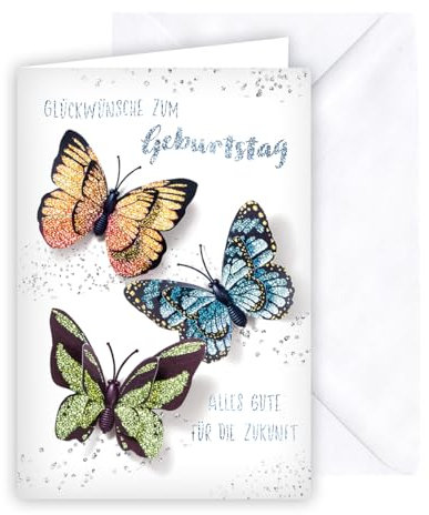 KE - Geburtstagskarte für Männer und Frauen, Glückwunschkarte, Glitzerkarte, inkl. Umschlag, DIN B6 Format, weiß, Motiv: Schmetterlinge