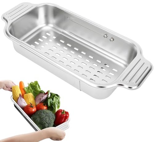 ARNTY Passoire Evier, Tamis de Cuisine Inox Passoire Rétractable Egouttoir Evier Cuisine, Pour Laver Légumes et Fruits, Egoutter Pâtes Cuites et Plats Secs-Grand