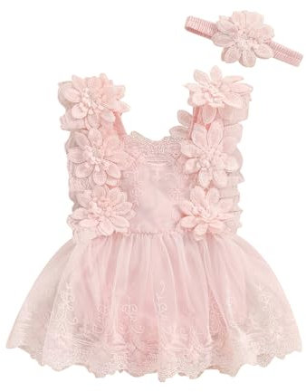 Zukmuk Filles 2pcs Robe de cérémonie Robe Romper Bébé avec Dentelle en Coton Barboteuse Élégante Tunie, Rose C, 6- 12 Mois