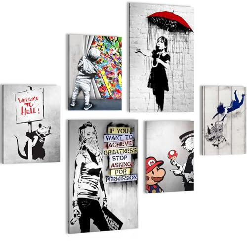 Novart Wandbilder Set Banksy Collage Street Art - KEIN EXTRA RAHMEN BENÖTIGT - Modern Deko - Wohnzimmer Büro N019467a