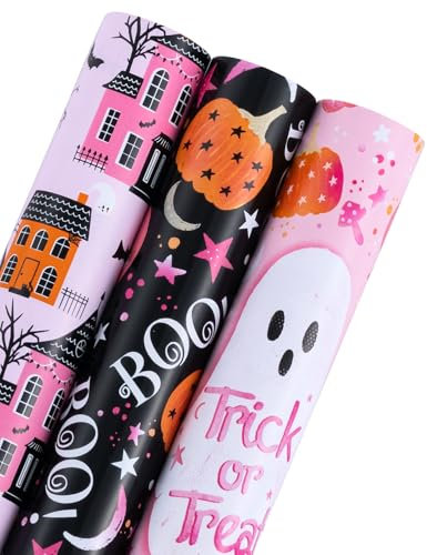 RUSPEPA Halloween-Geschenkpapierrolle – Mini-Rolle – 3 Rollen – 43,2 cm x 3 m pro Rolle – dunkles magisches Schloss, Geist, Kürbis-Design für Halloween, Urlaub, Party
