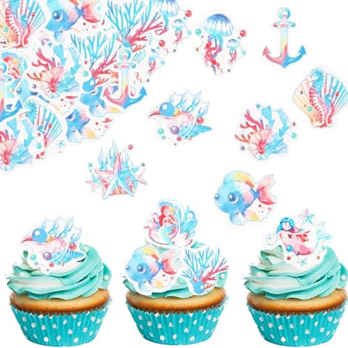 ENLACE Essbare Meerjungfrau Tortendeko,Essbar Kuchen Deko Meerjungfrau,46 Stück Meerjungfrau Deko Torten,Meerjungfrauen Geburtstag Deko,Ocean Theme Cupcake Topper Essbar für Mermaid Party Supplies