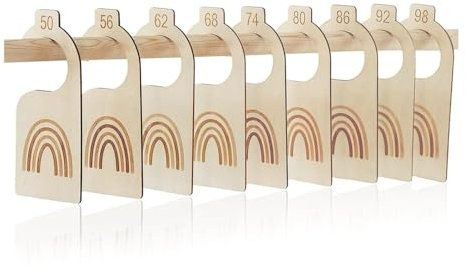 KOMUNJ 9er-Pack Größen 50 bis 98 Baby Kleiderschrank Teiler Premium Holz Baby Garderobe Trennwände Hölzerne Babyschrank-Trennwände Baby größentrenner Babykleidung Trenner Holz Garderobe Trennwände