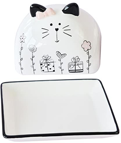 PRETYZOOM Beurrier Français en Céramique Motif Chat avec Couvercle Cuisine | Boîte à Beurre Décorative, Usage Maison ou Restaurant, Finition Lisse, Format Pratique
