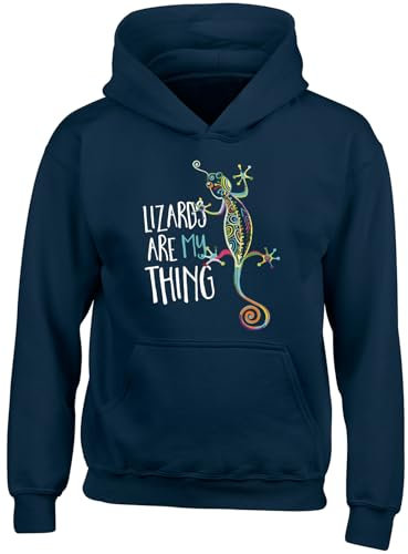 Shopagift Lizards are my Thing Kids Hoodie Gecko Iguana Chameleon Hoody Hooded Top Boys Girls Navy Blue