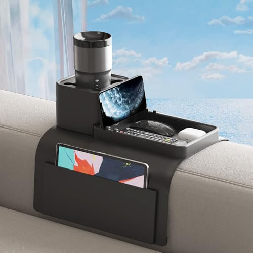 Yolispa Sofatablett Sofalehnen Ablage Couch Getränkehalter Sofa Tablett Silikon Sofatablett rutschfest Tablett Getränkehalter mit Seitentaschen für Getränke, Telefon, Fernbedienung, Snacks
