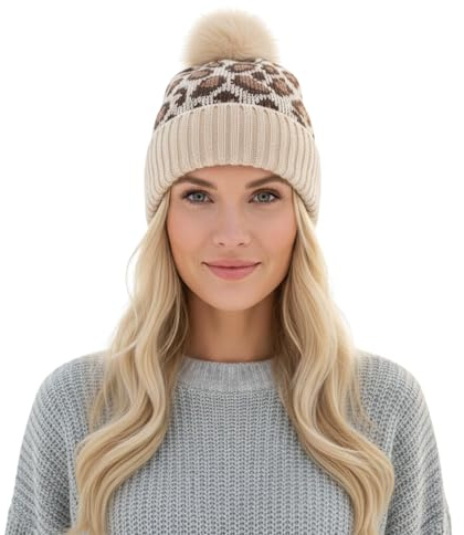 A2Z Ladies Hats Leopard Knitted Bobble Beanie Faux Fur Pom Pom Lightweight Durable Stylish Stretchy Winter Soft Warm Cozy Caps Comfortable Outdoor Women Hats