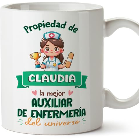 MUGFFINS Tazas Personalizadas para AUXILIAR DE ENFERMERÍA mujer - En Español - Propiedad de - 11 oz / 330 ml - Regalo Personalizable original y divertido