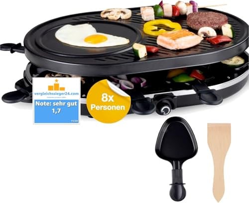 Raclette Set für 8 Personen - Grill oval - Crepes Funktion - Tischgrill inkl. Pfännchen & Schaber mit Grillplatte - (RUND)