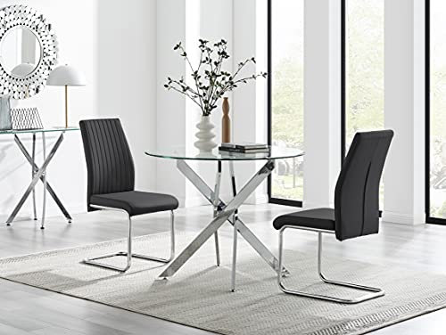 Modernes 3-teiliges Esszimmer-Set mit rundem Glastisch und schwarzen Kunstlederstühlen