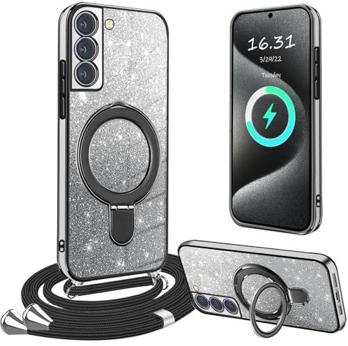 XCYYOO Coque avec Cordon pour Samsung Galaxy S21 5G avec Support,Protection Transparente Crystal Glitter Sequins Silicone avec Collier Antichoc Étui pour Samsung S21 5G Housse,Noir