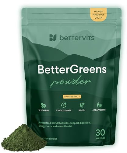 Bettervits BetterGreens Powder - 50 Premium Greens Supplements | Super Greens Food for Vitality, Health - Complete Morning Drink | Supports Digestion and Immunity - Vegan, Gluten-Free - 300g