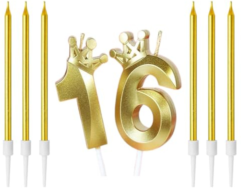 Zwenjuan Geburtstag Kerzen,3D Zahlen Geburtstagskerzen,Anzahl 16 Kerze mit Kronendekor mit 6Pc Langen Kerzen Kerzen Geburtstag,Kerzen Geburtstag Zahl für Kuchen Geburtstag Jahrestag Partys