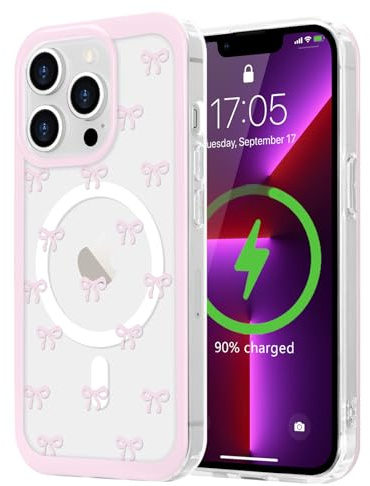 LCHULLE Cover per iPhone 13 Pro Max Magnetica Trasparente,Fiocchi | Compatibile con MagSafe,Custodia con Motivo Fragole o Fiocchi a Farfalla per Ragazze e Donne,Protettiva Silicone Case