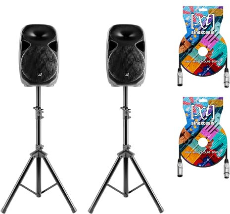 Sinextesis Impianto Audio Acustico con Coppia Altoparlanti Casse Attive Amplificate 400W con Woofer da 8, coppia di Stativi, 2 Cavi XLR da 5 mt. (Kit 8 Mp3)