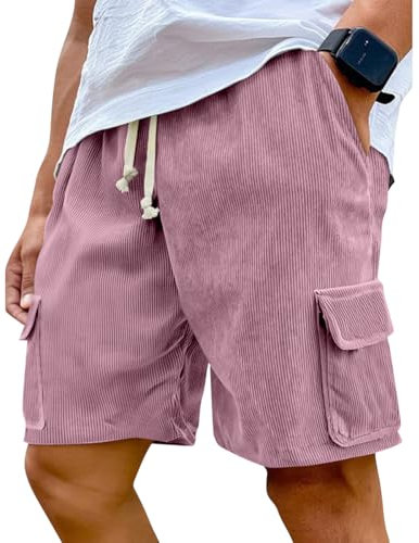 Onsoyours Pantaloncini Cargo Uomo Estivi con Tasche Velluto a Coste Shorts Casual Pantaloni Corti con Coulisse A Rosa XL