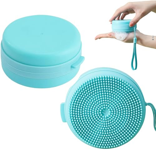 LUMOOM Spazzola doccia in silicone con dispenser di sapone, scrub e massaggio alla schiena, pulizia delicata per viso e corpo, schiuma ricca, pratica spazzola da bagno per doccia (blu)