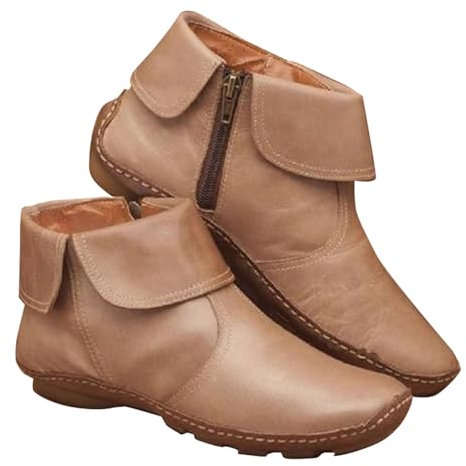 Stivaletti Western da donna in pelle: stivaletti estivi da donna, in pelle, vintage, comodi, con chiusura lampo laterale, Chelsea, antiscivolo, in pelle, comodi da camminare, beige., 36 EU
