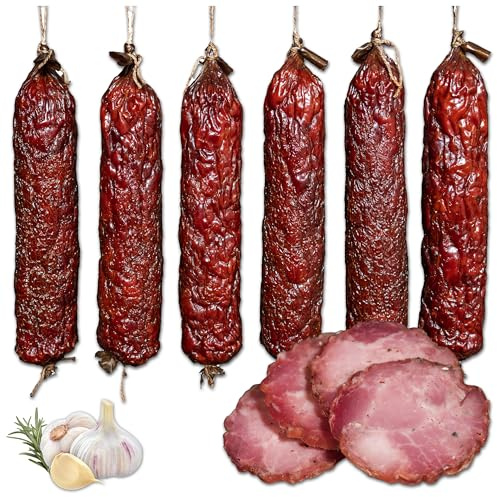 The Castle of Flavor Polnische Trockenwurst „Royal“ Geräuchert 2 x 300 g | Zwei Stücke à 300 g. Grobe Schweinewurst, über Buchen- und Erlenholz geräuchert, luftgetrocknet, mit Knoblauch und Pfeffer.